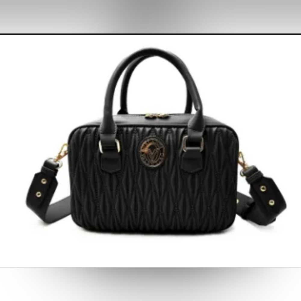 Valentino Orlandi Black Quilted Satchel with Gold Emblem